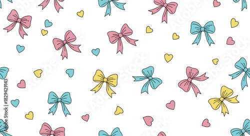 Sweet seamless pattern featuring charming colorful bows and scattered small hearts on a clean white background.