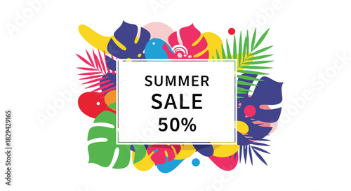 Vibrant abstract frame featuring a burst of colorful tropical leaves and shapes surrounding a bold "SUMMER SALE 50%" text.