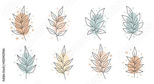 Diverse set of eight minimalist outline leafy branches with delicate veins and abstract colorful dotted textures.