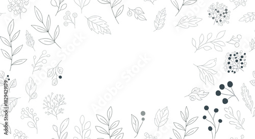 Elegant outline floral frame design featuring delicate leaves and berries creating a sophisticated border on a white background.