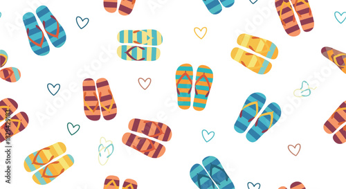 Playful seamless pattern featuring colorful striped flip-flops and scattered small hearts on a clean white background.