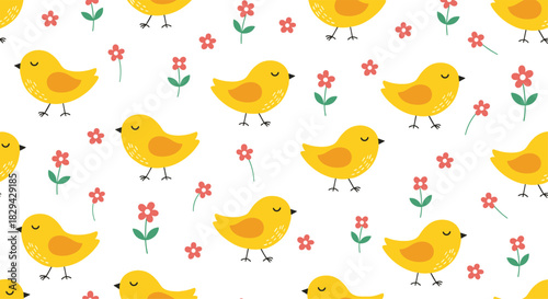 Adorable seamless pattern featuring cute yellow baby chicks and small red flowers scattered across a clean white background.