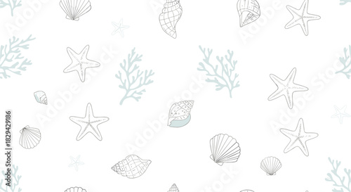 Minimalist seamless pattern featuring delicate outline illustrations of seashells starfish and corals scattered across a clean white background.