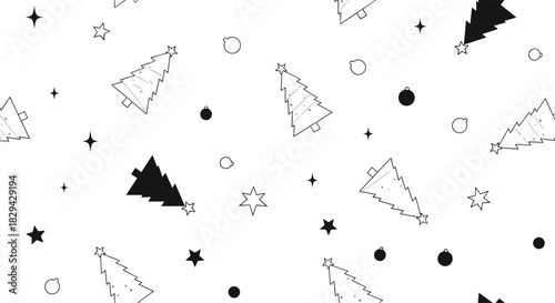 Festive seamless pattern featuring minimalist outline and solid black Christmas trees and stars scattered on a white background.