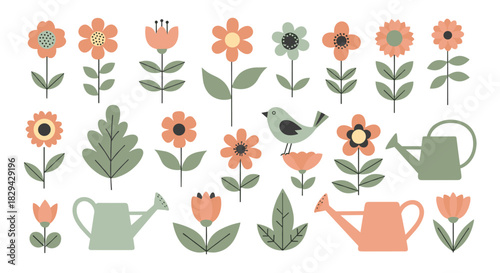 Delightful collection of spring floral and gardening elements featuring colorful flowers leaves birds and watering cans.
