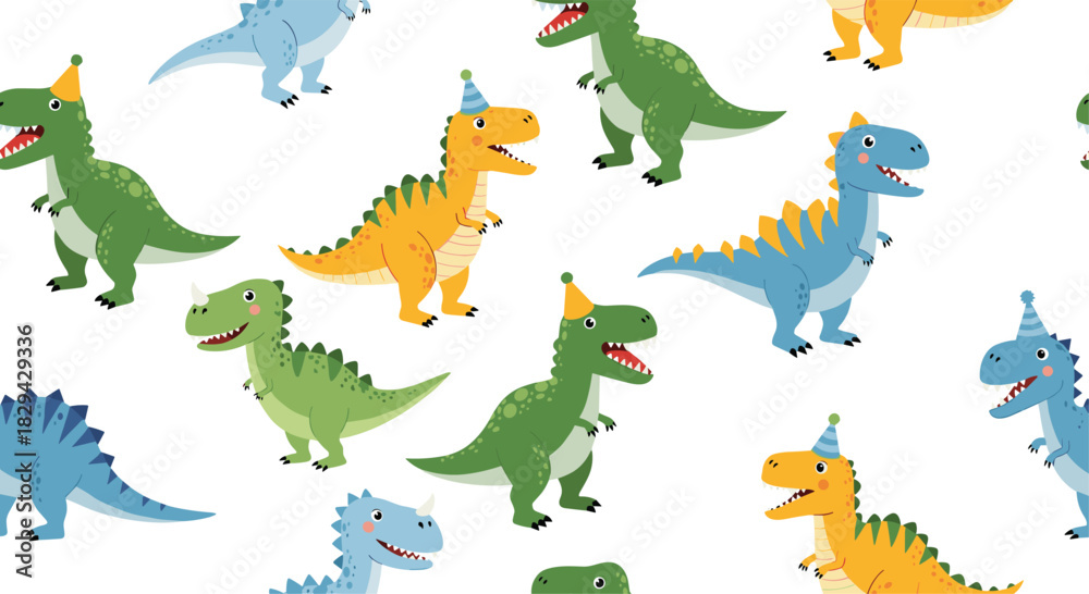 Naklejka premium Lively seamless pattern featuring a variety of adorable cartoon dinosaurs in party hats like T-rexes and stegosauruses on a bright white background perfect for birthdays.