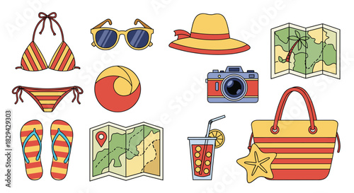 Comprehensive set of summer and beach-themed items including swimwear sunglasses hats maps cameras beach balls and flip-flops rendered in a charming flat design style.