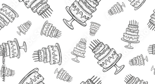 Elegant seamless pattern composed of hand-drawn tiered birthday cakes with lit candles in a classic grayscale style on a crisp white background ideal for celebrations.