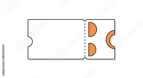 Minimalist blank ticket template with a dashed tear-off line and orange semi-circle embellishments on a clean white background suitable for events or promotions.