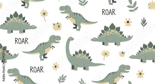 Dynamic seamless pattern featuring diverse cartoon dinosaurs including roaring T-rexes and gentle long-necks alongside delicate flowers and leaves on a clean white background.