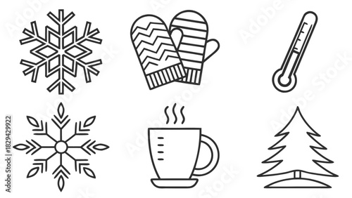 Winter season vector icons set snowflake mittens thermometer coffee tree cold weather outline design elements