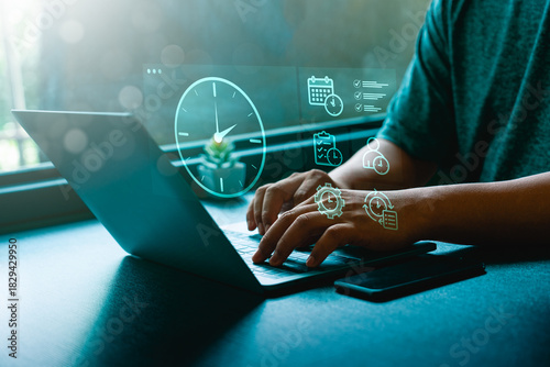 Time management and productivity concept with person typing on laptop surrounded by digital clock, calendar, checklist, workflow icons, symbolizing task scheduling, efficiency, effective organization