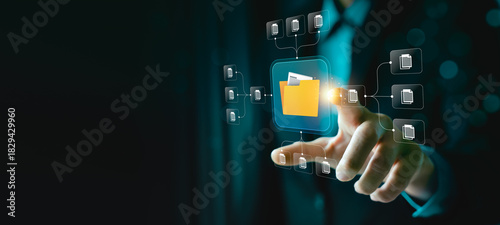 Digital file management system concept with businessman using virtual folder network interface to organize data, AI agent data tools for cloud storage, document sharing, secure information structure
