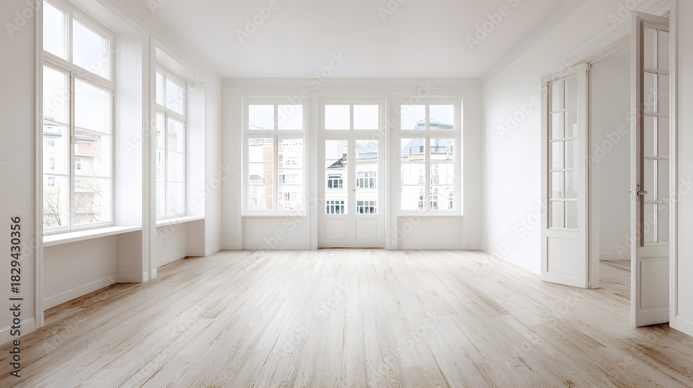Fototapeta premium Bright airy room empty warm flooring off white wall optical balance
