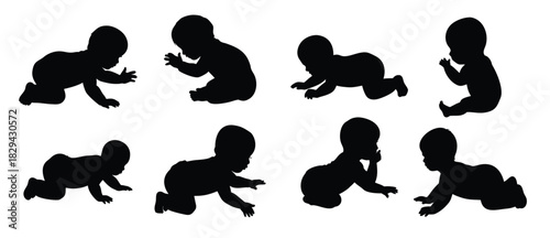  Baby crawling silhouettes collection isolated on white background