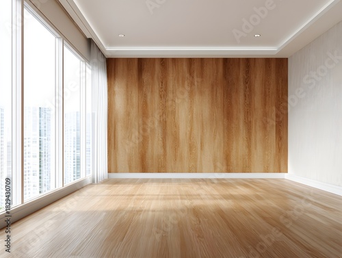 Wallpaper Mural Clean modern living hall empty wall warm wood laminate soft airy tone Torontodigital.ca
