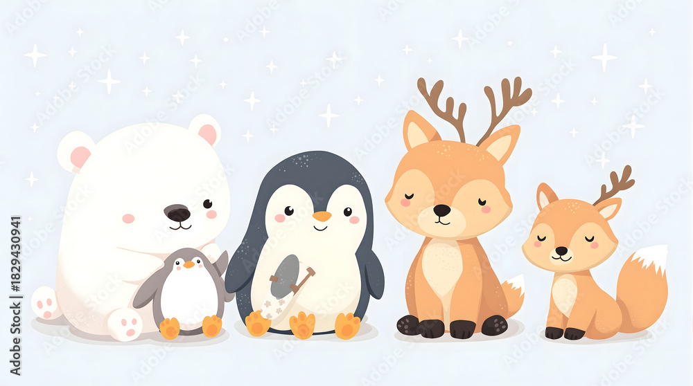 Naklejka premium Cute cartoon animals with antlers and penguin illustration on transparent background