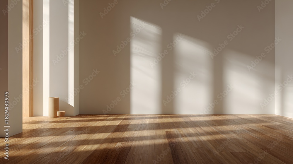 Obraz premium Realistic showroom interior blank wall warm wood flat soft shadows