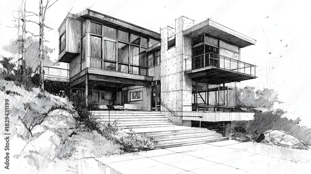 Fototapeta premium Creative Hand-Drawn Modern House Sketch Highlighting Geometry and Proportions