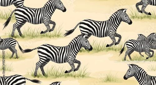 Dynamic illustration of a herd of zebras in full gallop across a sunlit grassy plain, showcasing their iconic black and white stripes in a wild African landscape