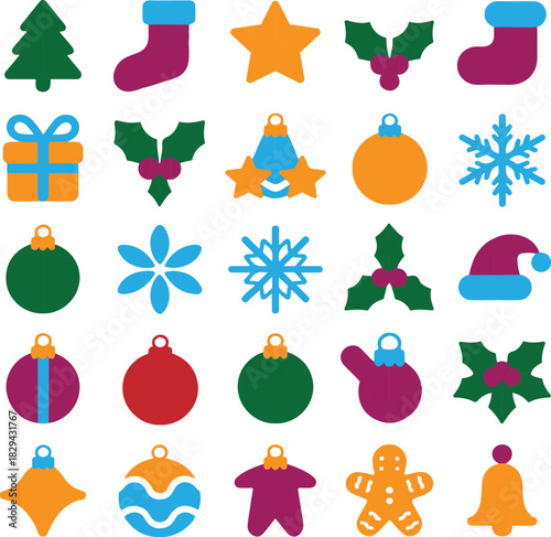 Christmas icons tree stocking star holly gift snowflake bauble hat gingerbread bell vector illustration EPS file download.
