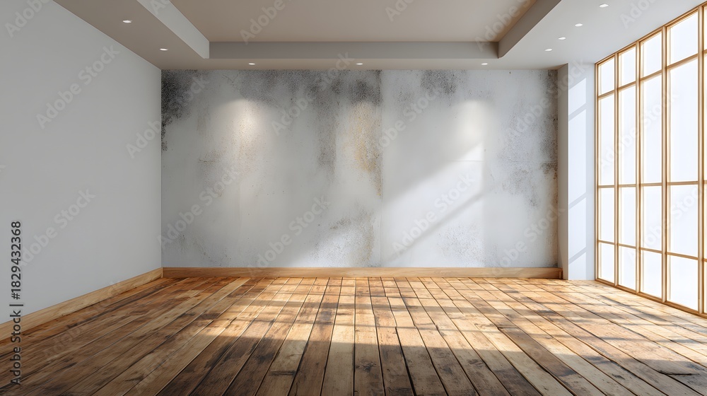 Obraz premium Modern interior neutral warm space wooden floor blank wall with clarity