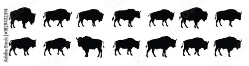Bison Silhouette Icon Set - Wild Animal, Buffalo Vector Collection, Nature Clipart
