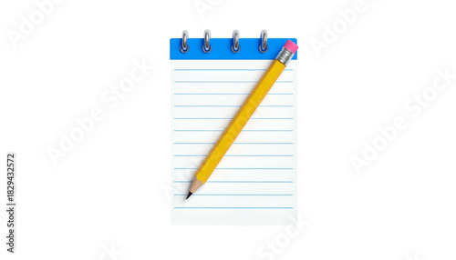 A blue spiral-bound notepad with lined paper and a yellow pencil resting across it