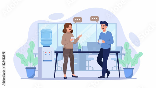 Two colleagues chatting near a water cooler, holding coffee cups, talking.