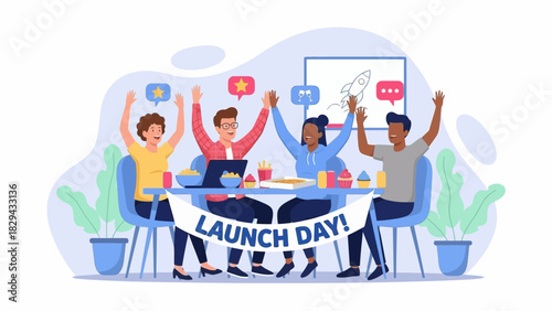 Four colleagues celebrating a launch day at a table with snacks and a banner, expressing excitement.