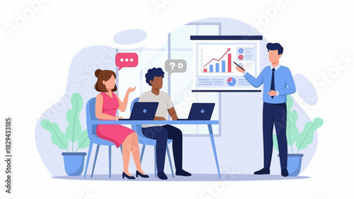 A business presentation with a speaker, two attendees, and a projected graph, discussing data.
