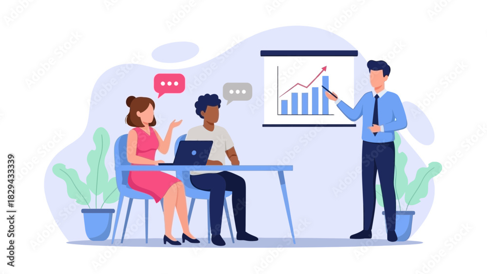 Obraz premium Business professionals collaborating and analyzing data on laptop with graph presentation in a modern office setting