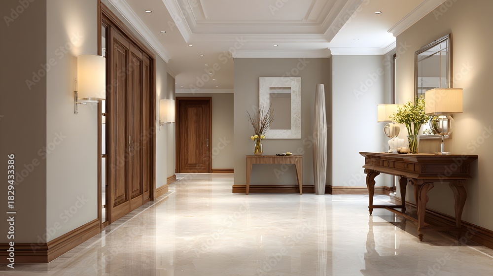 Fototapeta premium Warm interior hall polished wood base neutral wall clean realistic look