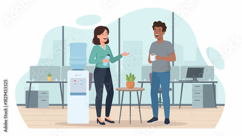 Colleagues interacting near a water cooler in a modern office environment