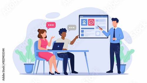 A presentation being given to two colleagues in a modern office, discussing ideas.