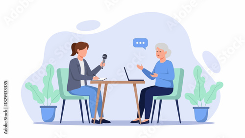 Woman interviewing an elderly woman with a microphone and laptop at a table.