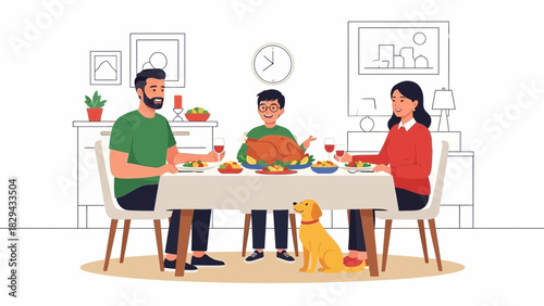A family enjoying a festive meal together, with a dog present.