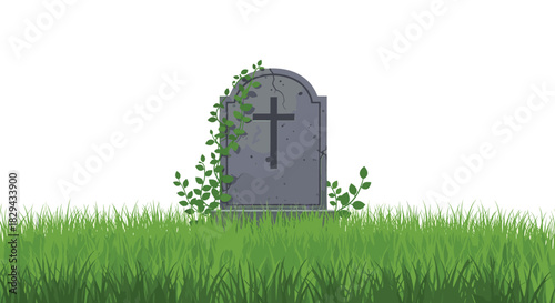 A lonely weathered gravestone with a cross symbol is covered in ivy, standing in vibrant green grass under a white sky.