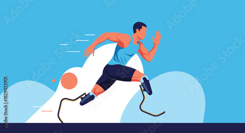 Paralympic athlete with prosthetic legs running a race with determination and speed.