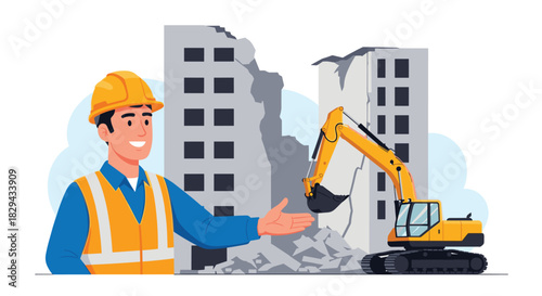 Construction worker in hard hat and vest pointing at a building demolition site with an excavator.