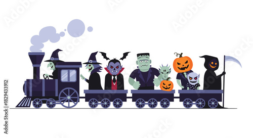 Halloween train carrying monsters and spooky characters like witches, vampires, Frankenstein, and the Grim Reaper.