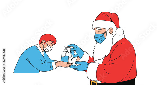 Santa Claus and a person wearing face masks using hand sanitizer together.