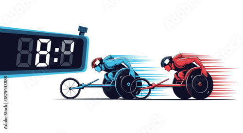 Wheelchair athletes racing to beat the clock on a digital stopwatch.