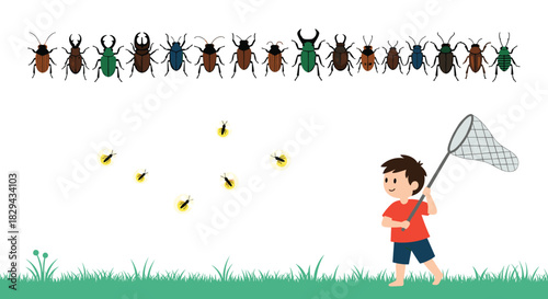 A young boy with a net in hand attempts to catch fireflies in a grassy field with beetles lined up above.