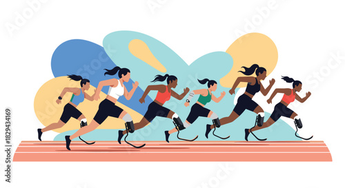 Diverse group of female athletes with prosthetic legs competing in a race.