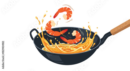 Illustration of shrimp being stir-fried in a wok with splashing oil.