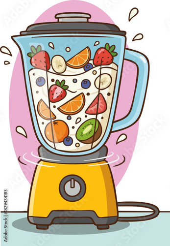 Vector illustration of blender with fruit and working blender.