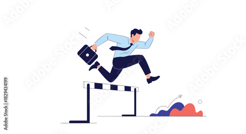 Businessman leaping over a hurdle, symbolizing overcoming challenges and achieving success.