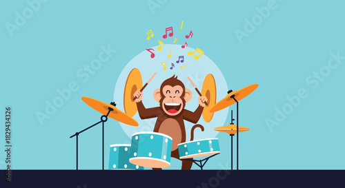 A happy cartoon monkey playing a drum set with cymbals and musical notes and a microphone.