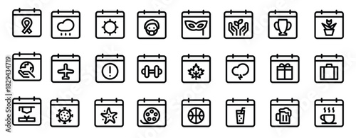 calendar line icons including flower starfish virus mask